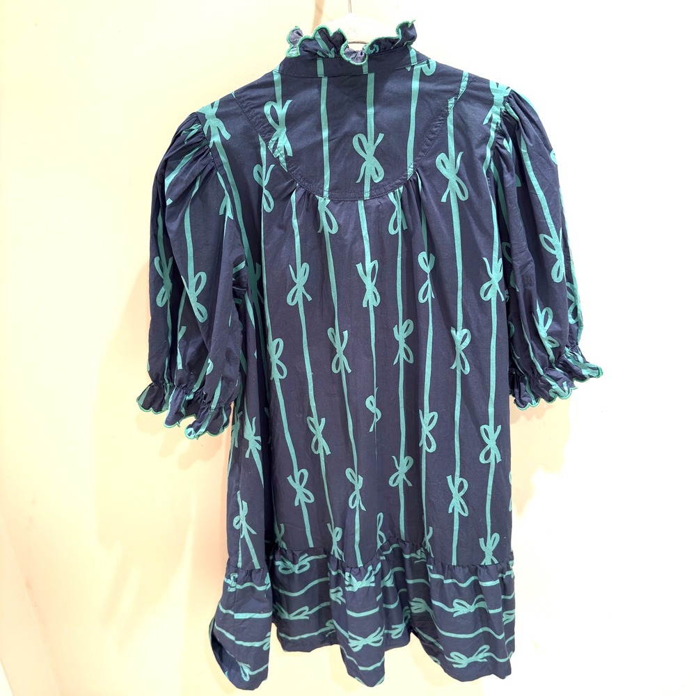 umgee navy blue green bow print tiered ruffle‎ dress size L - Picture 3 of 6